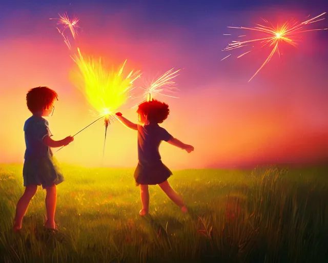 Prompt: kids playing with sparklers in a vibrant meadow, sunset, bokeh, leiji matsumoto, artstation