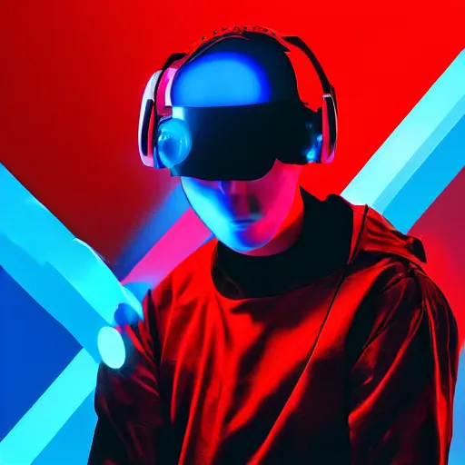 Prompt: a man, in red and blue spotlights, holds on to the headphones on his head, he wears dark visors, cyber songman, cyberpunk style, portrait, official art