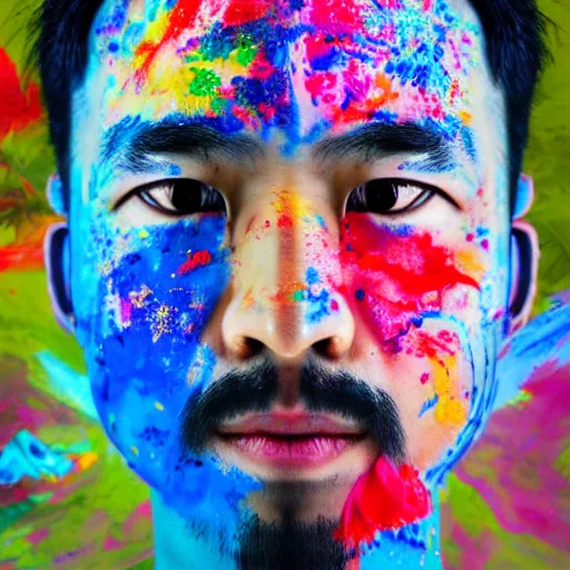 Image similar to a portrait of abstract asian guy's face with full of paint on the face