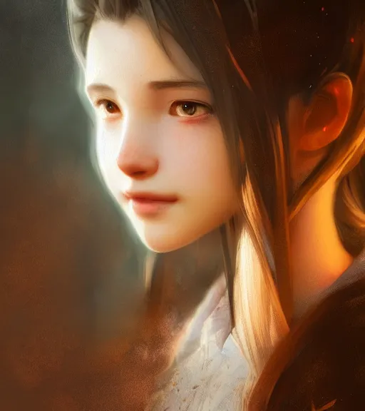 Prompt: beautiful aerith gainsborough, face centered portrait, cottagecore, confident, fog, rain, volumetric lighting, soft light particles floating near her, rim light, beautiful, golden hour, sharp focus, ultra detailed, cgsociety by krenz cushart and wenjun lin