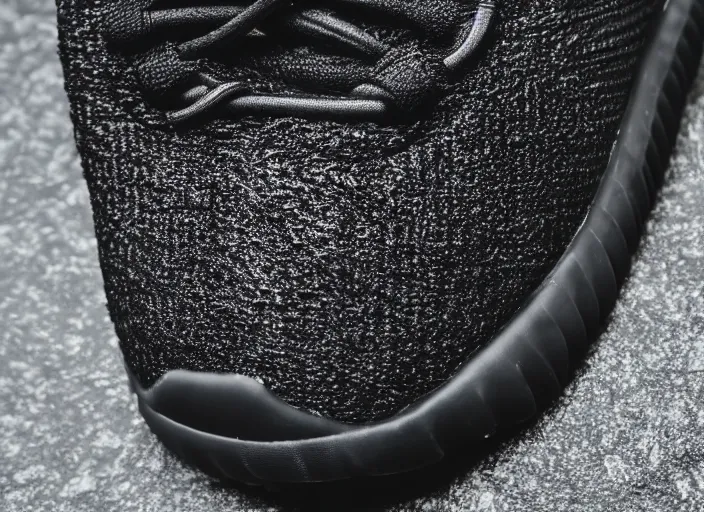 Image similar to product still of Black Panther signature Yeezys , black with silver panther teeth accents, 85mm f1.8