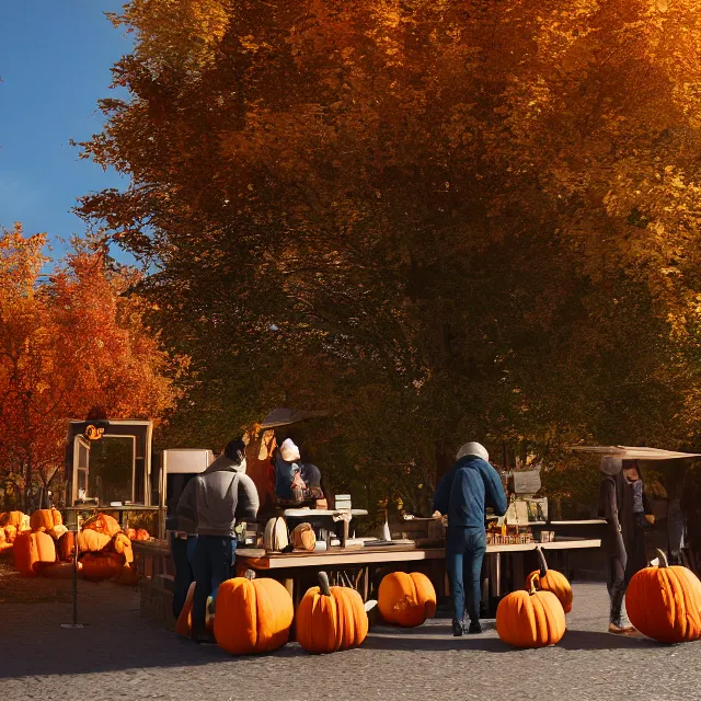 Image similar to pumpkin headed people ordering coffee at a coffee stand, maple trees with fall foliage, woodstock vermont, volumetric, realistic, cinematic lighting, ray tracing, unreal engine 5, octane render, hyper realistic, photo, 8 k