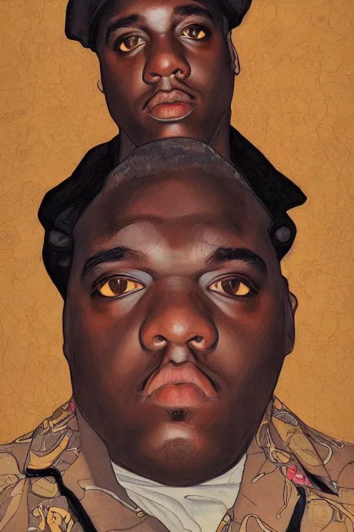 Image similar to a gorgeous portrait of biggie smalls in style of egon schiele, masterpiece, hyperdetailed, complex, intricate, 4 k, trending on artstation