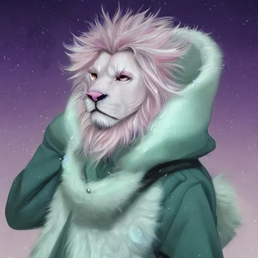 Image similar to aesthetic portrait commission of a albino male furry anthro lion under a lavender bubble filled while wearing a cute mint colored cozy soft pastel winter outfit with pearls on it, winter Atmosphere. Character design by charlie bowater, ross tran, artgerm, and makoto shinkai, detailed, inked, western comic book art, 2021 award winning painting