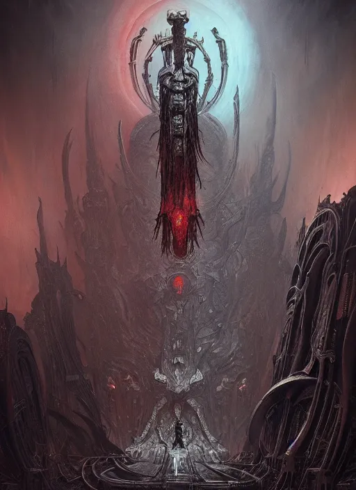 Image similar to masterpiece, infernal lady concept art, stylized, doom, elegant, imperial, epic, intricate art by h. r. giger, greg rutkowski, josan gonzalez, zdizslaw beksinski, biomechanical, crimson darkness, hellscape