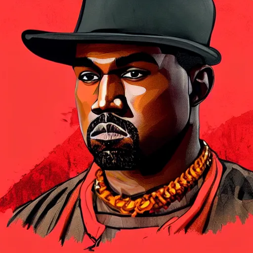 Image similar to kanye west in illustration red dead redemption 2 artwork of kanye west, in the style of red dead redemption 2 loading screen, by stephen bliss