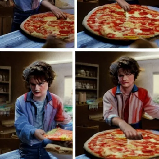 Prompt: a watercolor painting of Steve Harrington from Stranger things making a pizza, ultra realistic