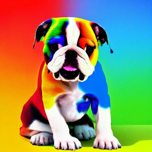 Image similar to rainbow excited smiling bulldog puppy. pop art.