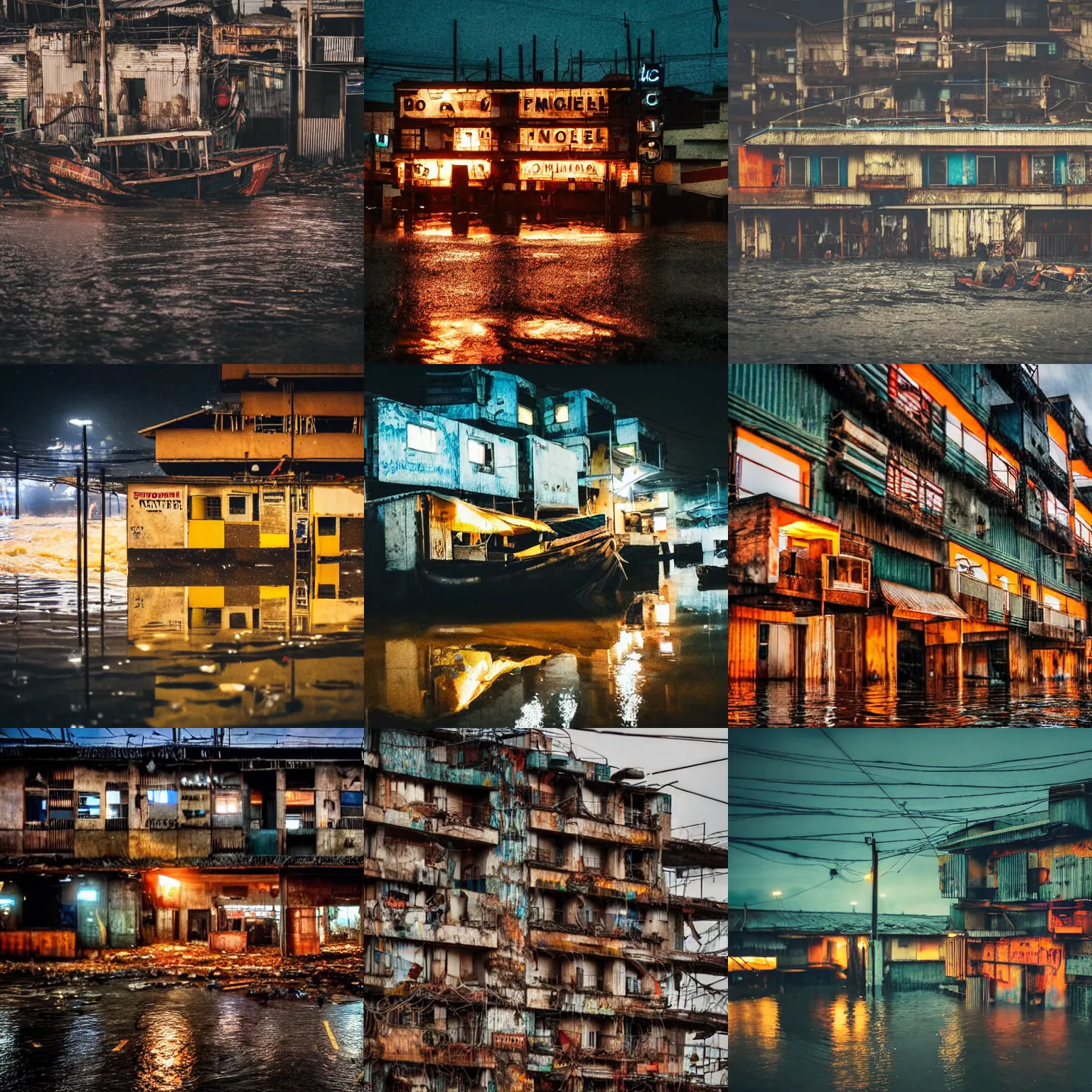 Prompt: travel photography, a close up photo of a dystopian cyberpunk motel made of scrap wood and scrap metal in a village of favelas, flooded fishing village, at night, raining, boats in the water, epic lighting, epic composition, depth of field, bokeh, upscaled to 4 k