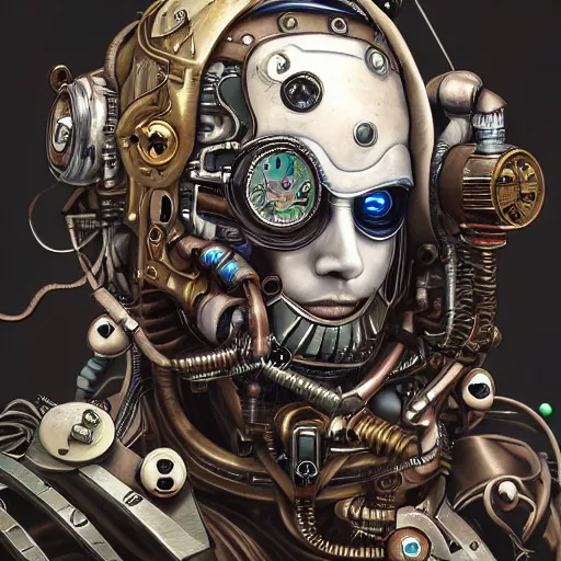Image similar to portrait painting of a steampunk cyborg president, transhumanism, ultra realistic, concept art, studio ghibli, intricate details, eerie highly detailed