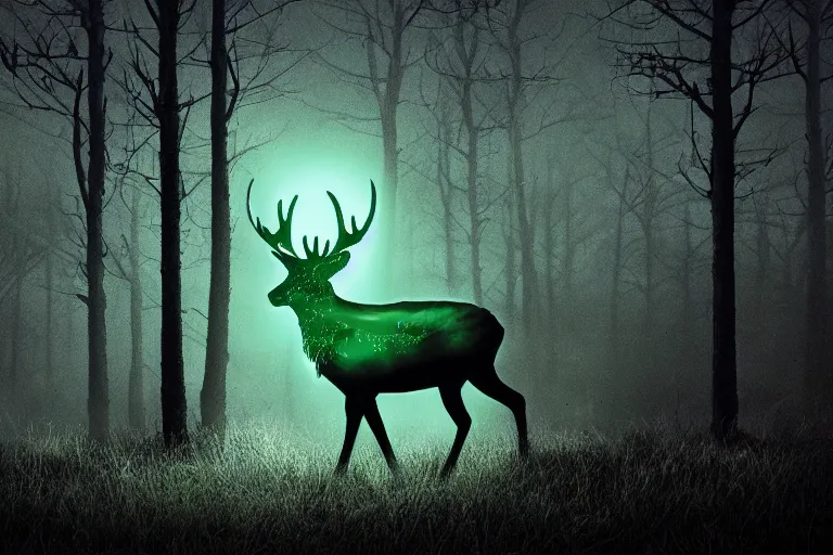 Image similar to a glowing bioluminescent stag illuminates a creepy dark forest, night