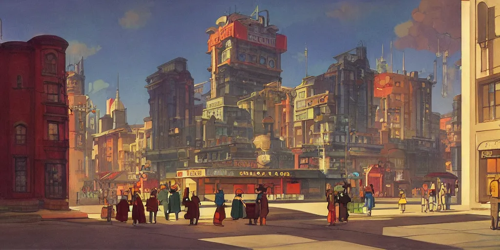 Image similar to A radiant atomic generator building lights up a city square, dieselpunk, by Studio Ghibli and Edward Hopper