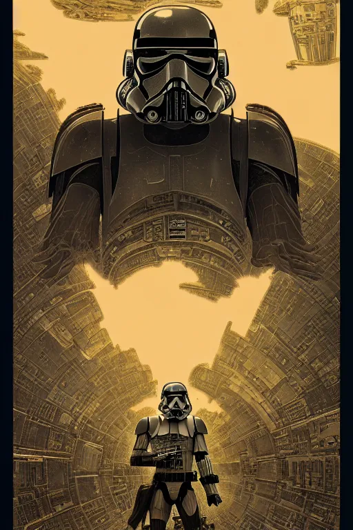 Image similar to platonic ideal of han solo, nazgul mandelbulb, deathstar, millenium falcon, detailed, stormtroopers, darth vader, action pose, intricate, volumetric lighting, moebius, geof darrow, dan mumford, alphonse mucha, poster,