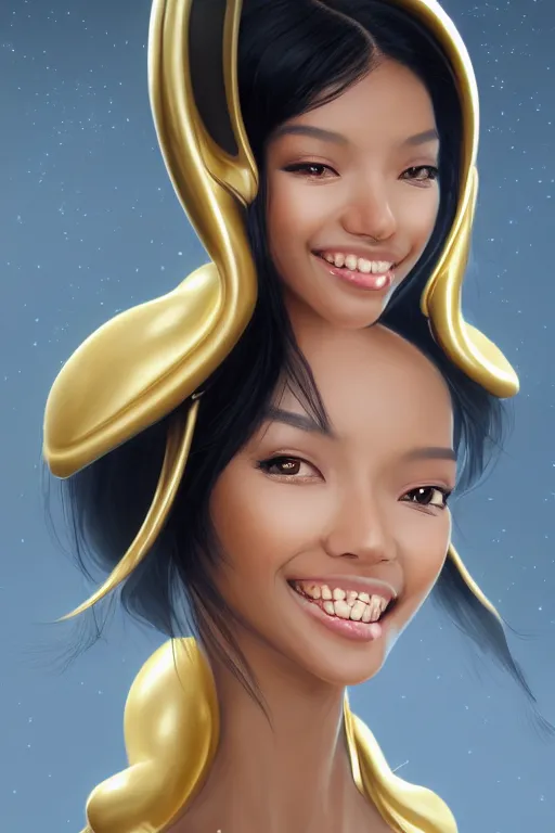 Image similar to detailed portrait glam black hair girl with honey tan skin, cute smile, attractive feminine curves, intricate, futuristic, elegant cape, elegant, alien room background, white, blue, gold, photorealism, trending on artstation, holy halo, advanced technology, art by moebius and vitaly bulgarov and chanthara