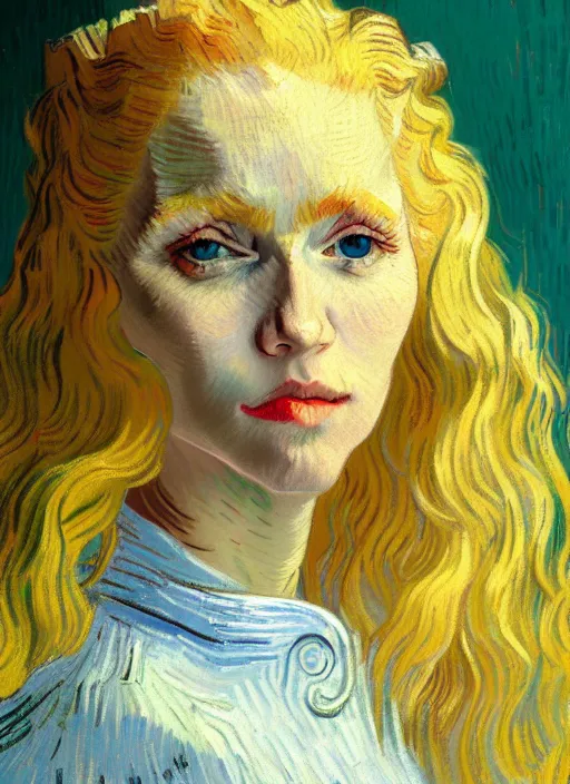 Image similar to portrait of a woman with long blonde hair, detailed beautiful face in painting, detailed beautiful portrait, expressionist oil painting masterpiece, 8 k resolution, smooth, sharp focus, pastel color palette, trending on artstation, by van gogh