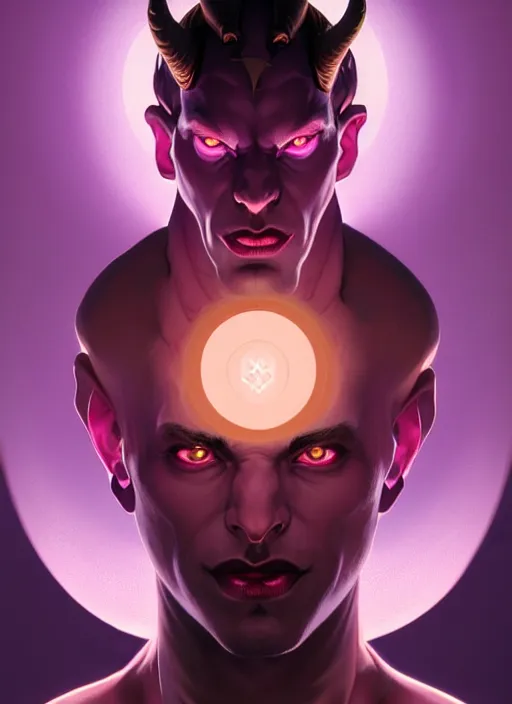 Image similar to symmetry!! portrait of a male purple skinned tiefling with demon horns, glowing lights!! intricate, elegant, highly detailed, digital painting, artstation, concept art, smooth, sharp focus, illustration, art by artgerm and greg rutkowski and alphonse mucha