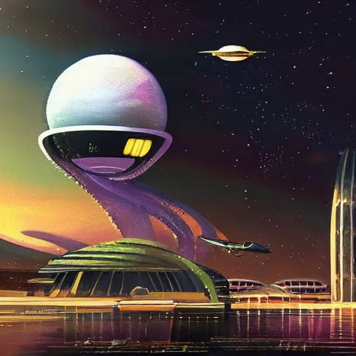 Image similar to Beautiful city of the future in harmony with nature, spaceship in the background. Nice colour scheme, soft warm colour. Beautiful painting by Lurid. (2022)