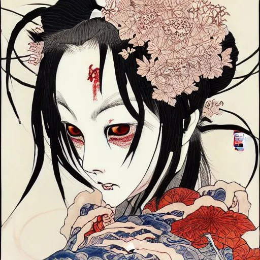 Image similar to prompt: Demon girl face painted in Hokusai style drawn by Vania Zouravliov and Takato Yamamoto, intricate oil painting, high detail, Neo-expressionism, post-modern gouache marks on the side, gnarly details soft light, white background, intricate detail, intricate ink painting detail, sharp high detail, manga and anime 2000