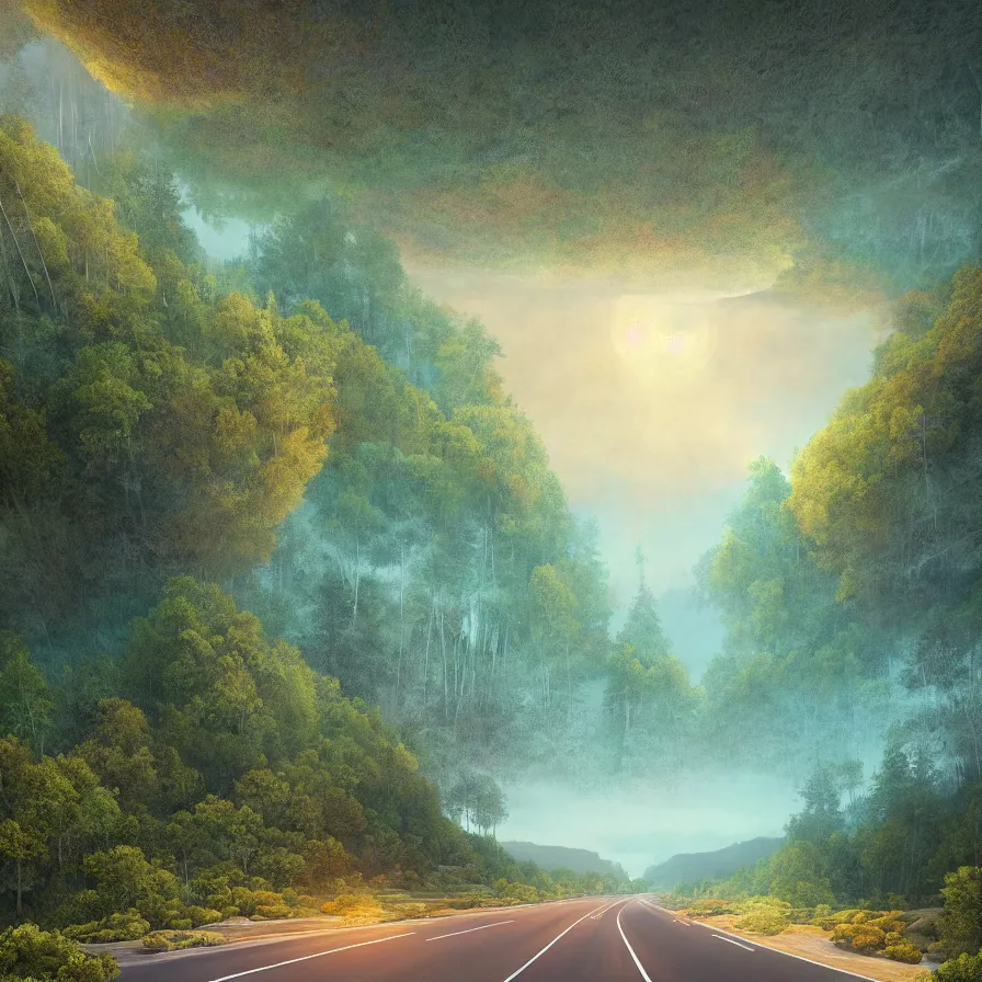 Image similar to surrealist semiabstract artwork of a highway road leading to the horizon through a thick forest down a rocky mountain coast towards the sunset. atmospheric landscape, soft tones, psychedelic, ultra realistic, concept art, modern art, photorealistic, octane render, 8 k. art by nori inoguchi and sam kaplan and zachary goulko and christopher marley