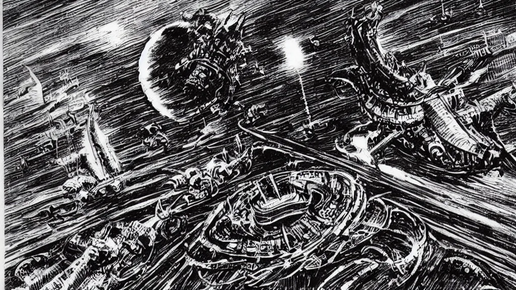 Prompt: spanish galleon starships flying across the space, druillet's lovecraftian style