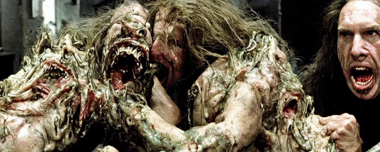 Image similar to a disgusting vile monster eating a man from The Thing, by Cronenberg and greg nicotero