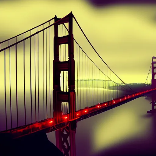 Prompt: Golden gate bridge,it is raining, night time , peaceful atmosphere, moody lighting , digital art , highly detailed , high contrast, beautiful lighting, award winning , trending on art station, photorealistic, 8k