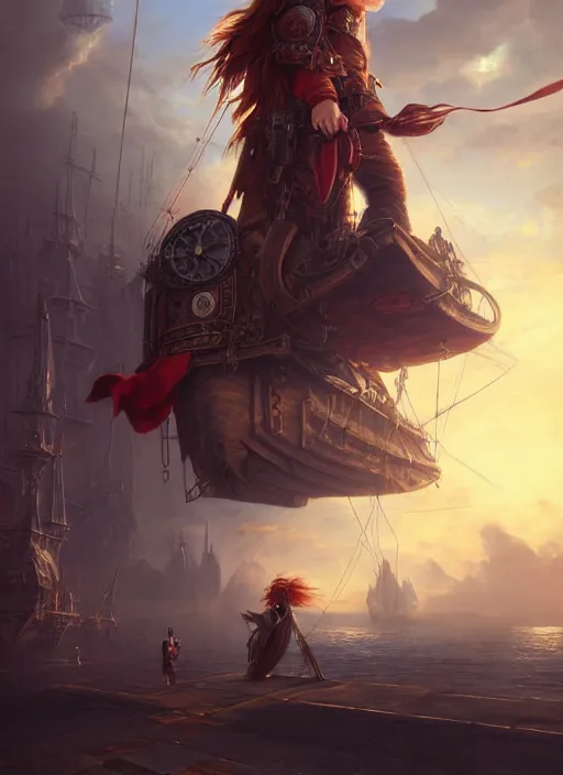 Image similar to portrait painting of a long haired, red headed male sky pirate in front of steampunk airship by raphael lacoste and stephan martiniere fantasy soft hair trending on artstation key art dramtic volumetric lighting, 4 k, award winning