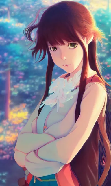 Image similar to a colorful anime scene of a girl with brown hair, detailed background, portrait, trending on artstation, by studio ghibli and rossdraws