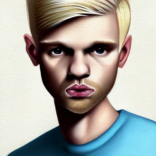 Image similar to thin blond man with blond hair long on top medium down the sides, blond beard, small chin, small nose, thin lips, English heritage, small blue eyes, small ears, pale skin, narrow face, digital art, painterly, cartoon, cute, 8k, illustration, art by loish, painterly, trending on artstation, medium shot, uncropped