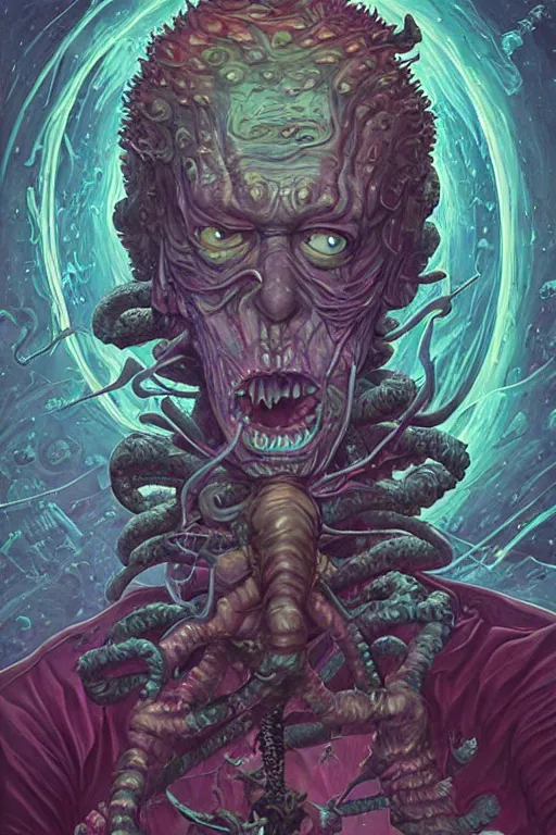 Image similar to rick and morty as the thing fused with lovecraft, high details, intricate details, renaissance style, painting by vincent di fate, artgerm julie bell beeple, 80s, Smooth gradients, High contrast, depth of field, very coherent symmetrical artwork