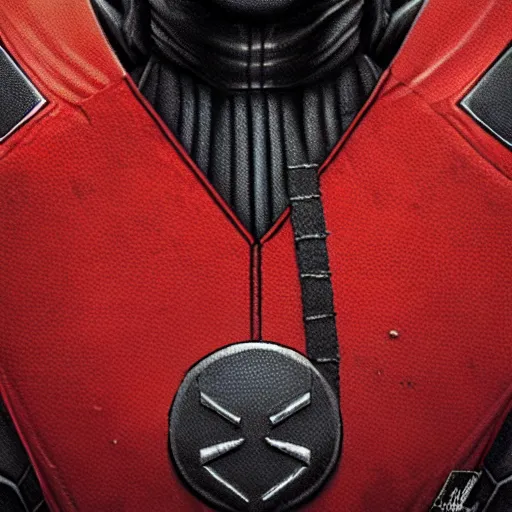 Image similar to a well designed image of Deadpool, K logo in the chest , detailed , realistic, Artstation, Greg Rutkowski, 8K resolution.