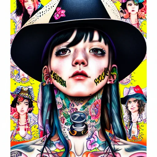 Prompt: full view of cowgirl with tattoos, wearing a cowboy hat, style of yoshii chie and hikari shimoda and martine johanna, highly detailed