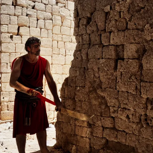 Image similar to award winning cinematic still of 40 year old Mediterranean skinned man in Ancient Canaanite clothing fixing a ruined, crumbled wall in Jerusalem, holding a sword and a chisel, dramatic lighting, strong shadows, red hues, directed by Ang Lee