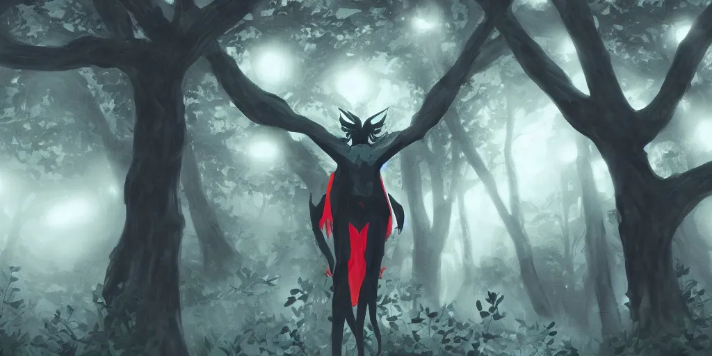 Prompt: Persona 5 Mothman in a forest filled with fog looking back at the viewer, hyper detailed