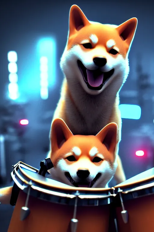 Image similar to high quality 3 d render very cute cyborg shiba inu plays drums!, cyberpunk highly detailed, unreal engine cinematic smooth, in the style of blade runner & pixar, hannah yata charlie immer, moody light, low angle, uhd 8 k, sharp focus