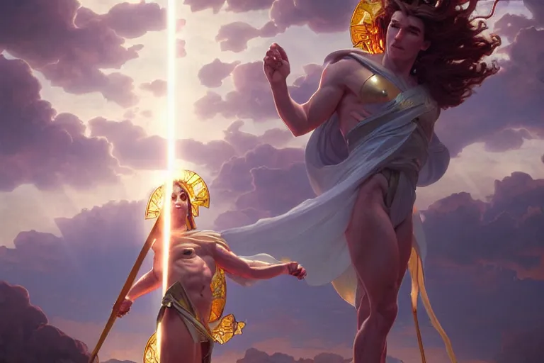 Image similar to a Greek god launching magical rays to evil humans, highly detailed, digital painting, cinematic, hyper realism, dark retrowave, art by Stanley Lau and Artgerm and magali villeneuve and Alphonse Mucha, artstation, octane render, cgsociety