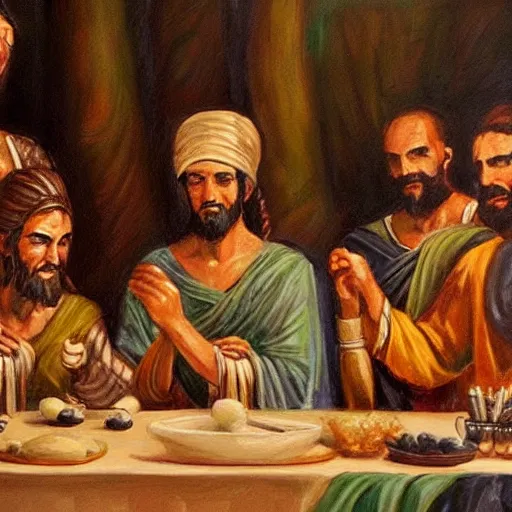 Image similar to ancient greec gods around dinner table in the style of last supper, painting, detailed, trending on artstation