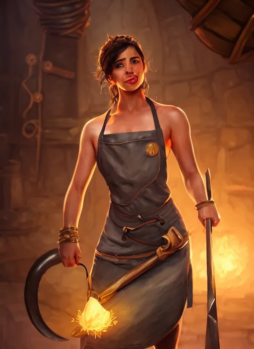 Image similar to a highly detailed illustration of naomi scott as fierce blacksmith woman wearing apron, muscular, dramatic smile pose, intricate, elegant, highly detailed, centered, digital painting, artstation, concept art, smooth, sharp focus, league of legends concept art, wlop.