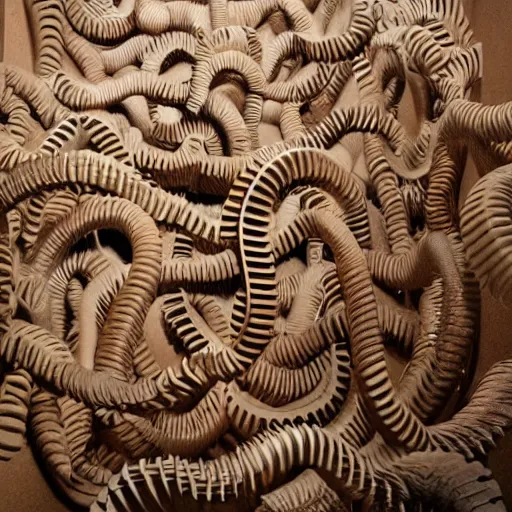 Image similar to tentacles made of brown corrugated cardboard, cut out of cardboard, realistic photography, fantasy