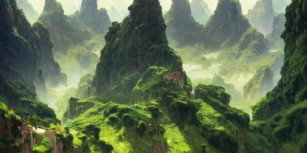 Image similar to lush green landscape villages castles buildings inverted upsidedown mountain range hanging from the sky fantasy surreal good composition artstation illustration sharp focus sunlit vista painted by ruan jia raymond swanland lawrence alma tadema zdzislaw beksinski norman rockwell tom lovell alex malveda greg staples