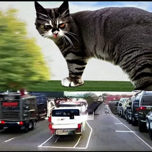 Image similar to giant cat in traffic, ultra realistic, very realistic