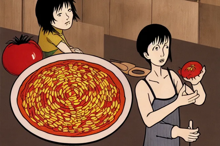 Image similar to Woman in kitchen making a tomato and corn pie in the style of Junji Ito