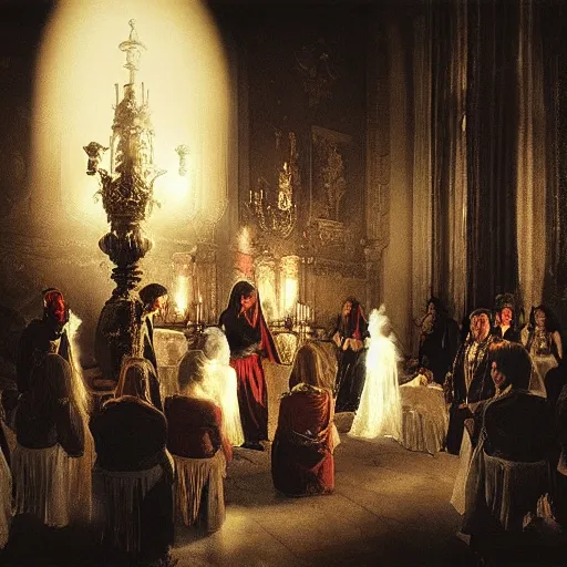 Image similar to baroque vampire ceremony, in the style of Ilya Repin, volumetric light, dramatic lighting, smoky