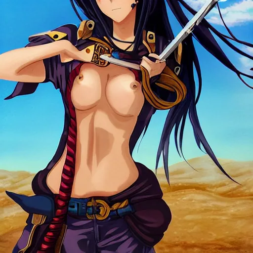 Prompt: Painting of a female anime pirate captain in the middle of a desert