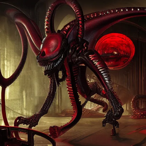 Image similar to mickey mouse xenomorph chimera lurking in dark room, round ears, red pants, designed by h. r. giger, highly intricate detailed 8 k ultrarealistic octane render by artgerm and rutkowski and beksinski and mucha