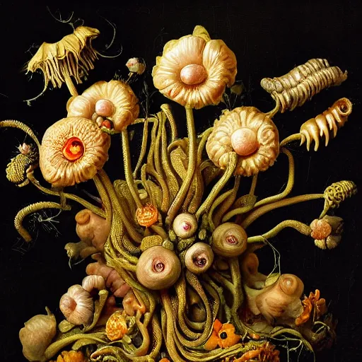 Image similar to disgusting disturbing dutch golden age bizarre mutant flower floral still life with many human toes very detailed fungus disturbing tendrils bizarre slimy forms sprouting up everywhere by rachel ruysch black background chiaroscuro dramatic lighting perfect composition high definition 8 k 1 0 8 0 p