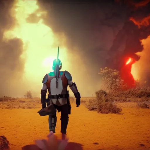 Image similar to the mandolorian walking away from huge explosion, 8k, cinematic, photorealistic