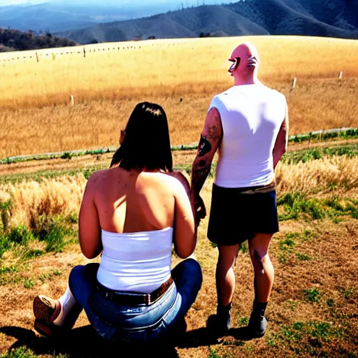 Prompt: portrait of a bald white male tattoos and his white female wife with tattoos. male is wearing a white t - shirt, tan shorts, white long socks. female is tall and has long brown hair photo from behind them overlooking the field with a goat pen. rolling hills in the background of california and a partly cloudy sky