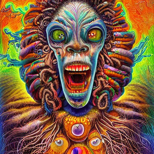 Prompt: a high detailed hyper detailed painting of a spiritual monster with dreadlocks and several eyes, pointy teeth and colorful skin with scales and strange textures, surreal psychedelic cosmic horror - 7 6 8