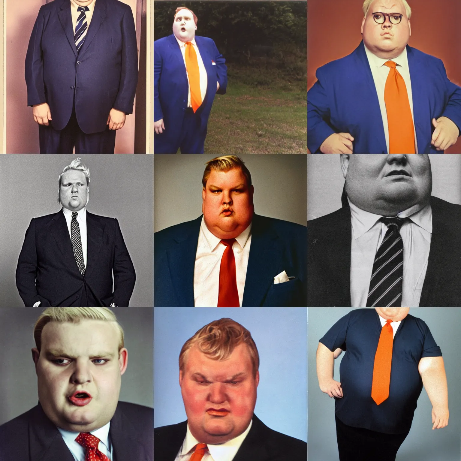 Image similar to photograph of a tall, angry, slightly obese man in his mid 7 0's, with blonde hair and an orange face, wearing a dark blue suit, a white shirt, and a red tie